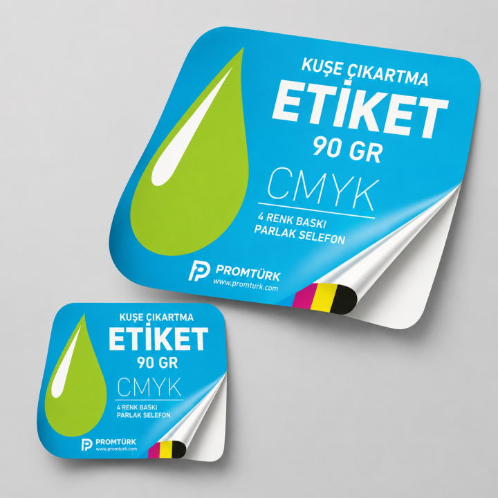 Özel Kesim Kuşe Çıkartma Etiket 90 gr Parlak Selefonlu